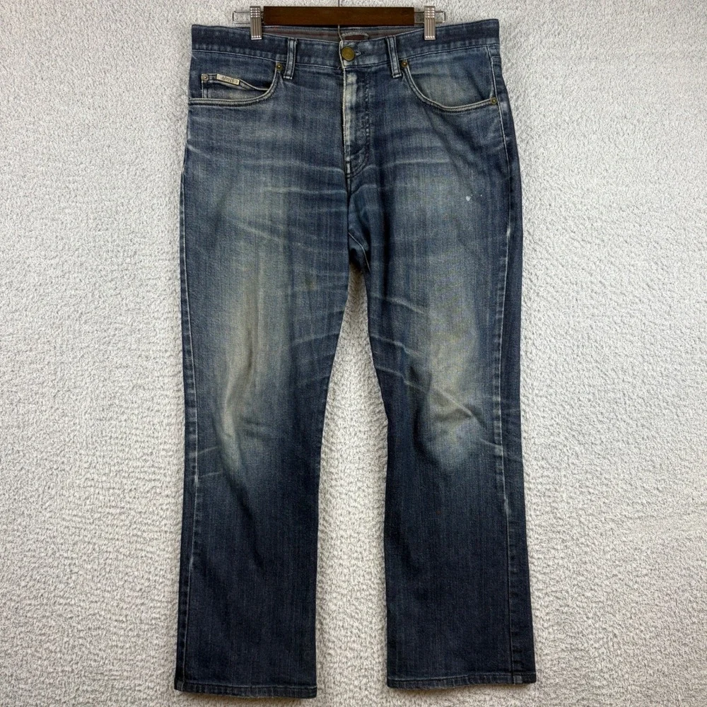 Armani Collezioni Jeans Mens 36x30 Blue Dark Wash Straight Leg Faded Whiskered